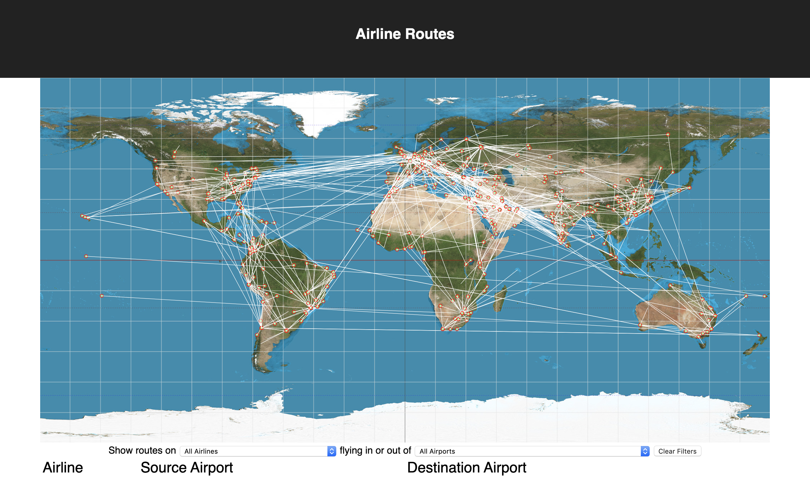 Screenshot of airline routes viewer application